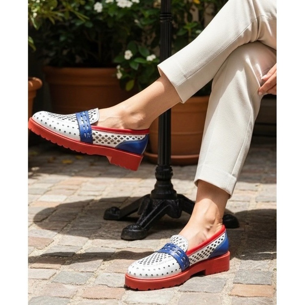Girotti Red White Blue Leather Perforated Lug Sole Loafers Shoes Women‎ 12.5